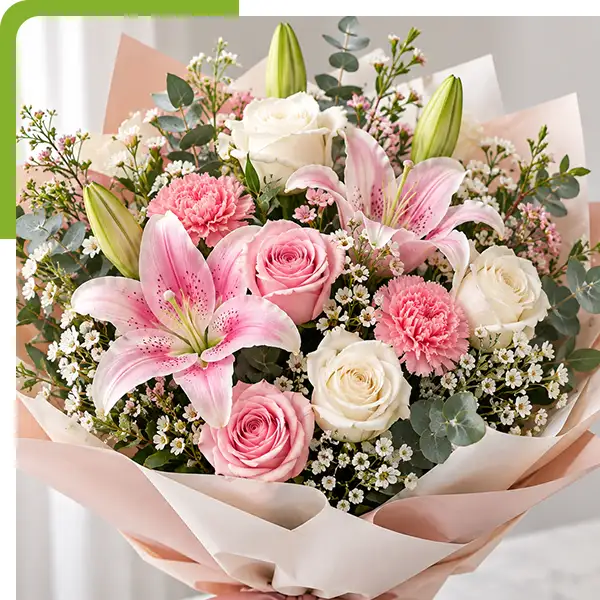 bouquet of pink and white roses, tulips, hydrangeas, carnations, and delicate filler flowers wrapped in blush and cream paper with a pink satin bow from Shoreline Florist in Mystic, CT